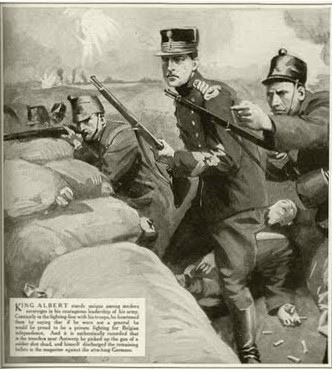 Belgium needs every man! King Albert goes into the trenches. Taking a dead man's rifle, he fights alongside his infantry. King Albert in the trench at Antwerp