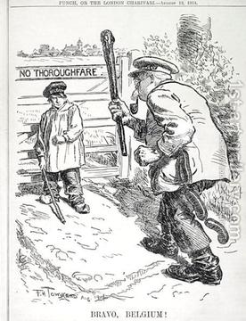 This cartoon's title is BRAVO, BELGIUM! Bravo-Belgium-From-Punch-Magazine,-Vol-Cxlvii-P.143,-Pub.-August-12th,-1914.jpg