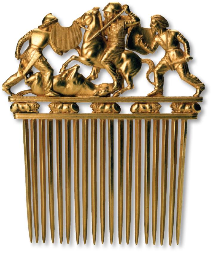 The Scythians, who were known as great horsemen and warriors, are portrayed on this gold comb, found in Ukraine and dating to the late 5th to early 4th century B.C. The Scythians, who were known as great horsemen and warriors, are portrayed on this gold comb, found in Ukraine and dating to the late 5th to early 4th century B.C..jpg
